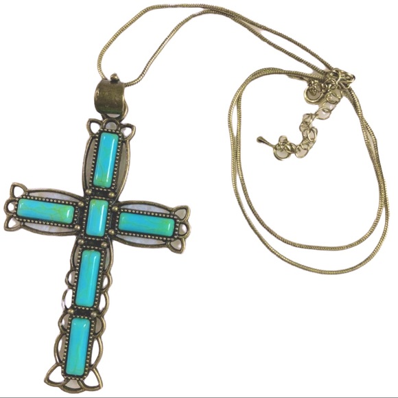 Gold & turquoise large cross pendant necklace with gold chain - Picture 7 of 7